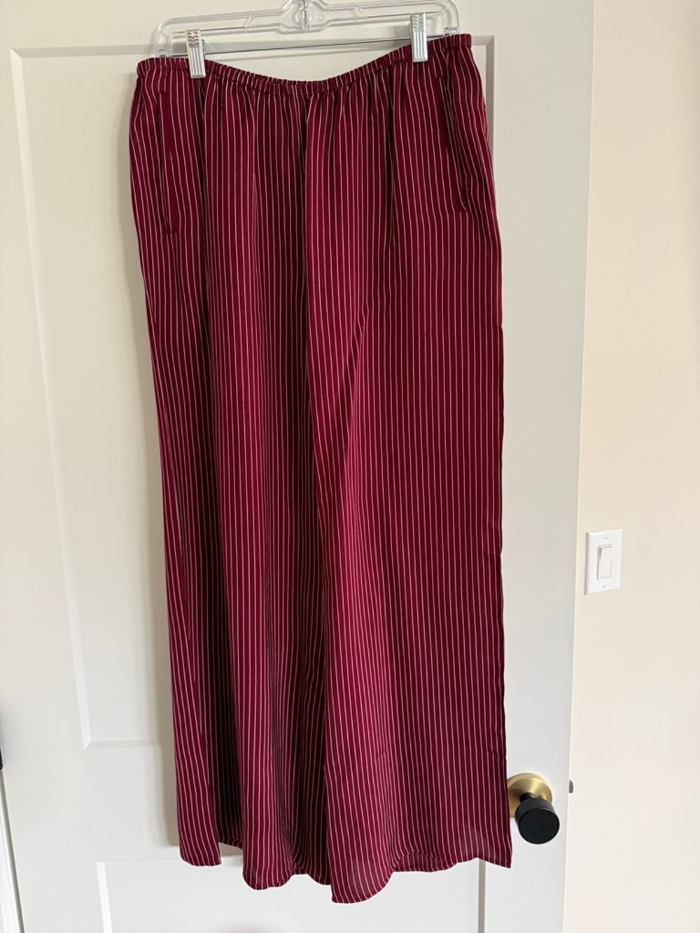 J. Crew Wide-Leg Pants in Burgundy with Thin White Pinstripes